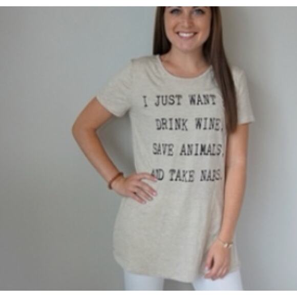 New BLVD Large Cream Heather Drink Wine Save Animals Tee Modal Stretch Side Slit - Picture 9 of 9